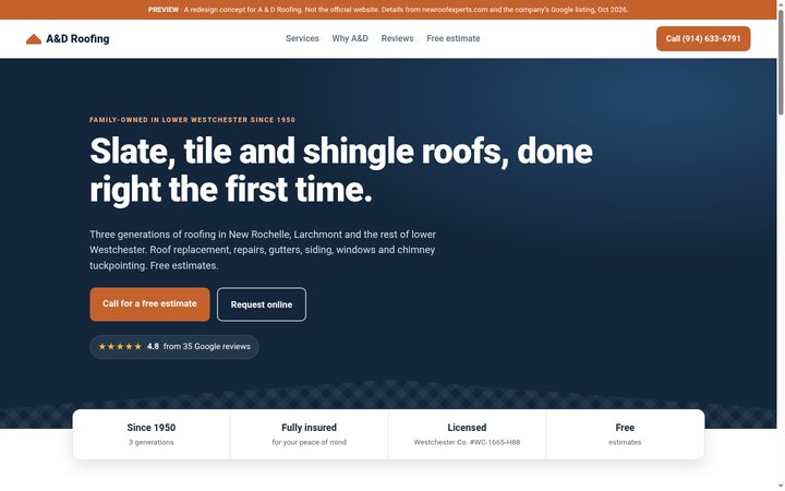 Desktop view of the A & D Roofing Co. preview site
