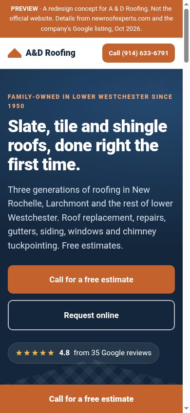 Mobile view of the A & D Roofing preview site: preview banner, headline, call button and Google rating
