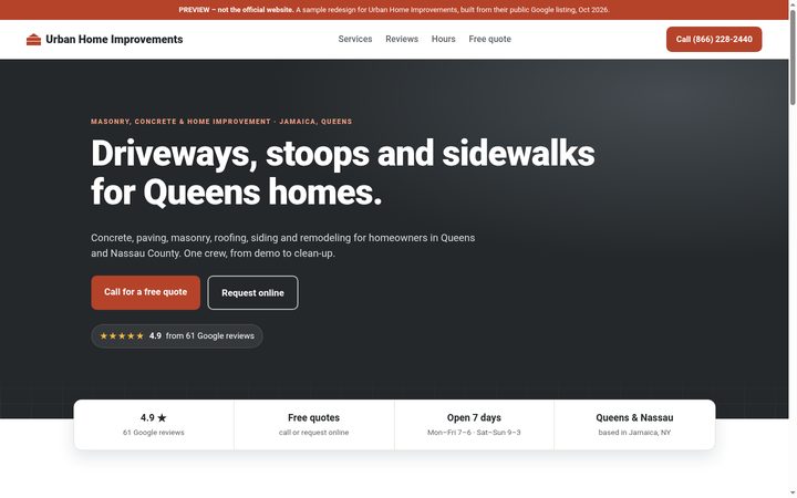 Desktop view of the Urban Home Improvements preview site