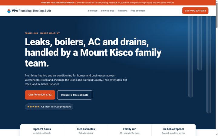 Desktop view of the VP’s Plumbing, Heating & Air preview site
